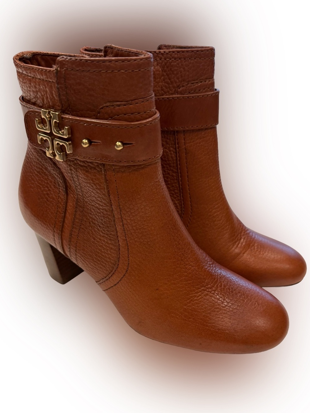 Tory Burch Elina Boots Mid Heel Ankle Boots In Cognac Sz 6 EUC